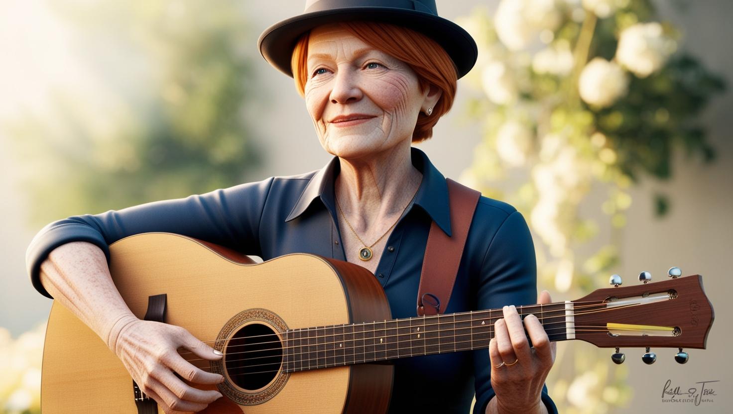 create an avatar full body of a 70 years old white woman small short red hair wearing a hat playing folk guitar