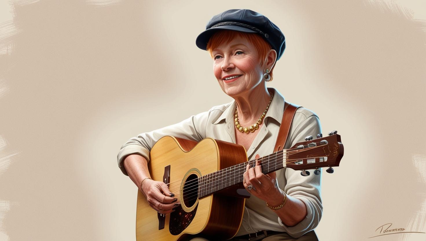 create an avatar full body of a 70 years old white woman small short red hair wearing a news boy hat playing a folk guitar create an avatar full body of a 70 years old white woman small short red hair wearing a news boy hat playing a folk guitar