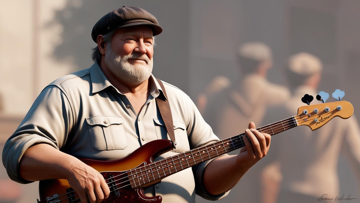 create an avatar full body of a 72 years old little heavy midsize man a mid beard and news boys hat playing 4 string bass guitar (1)