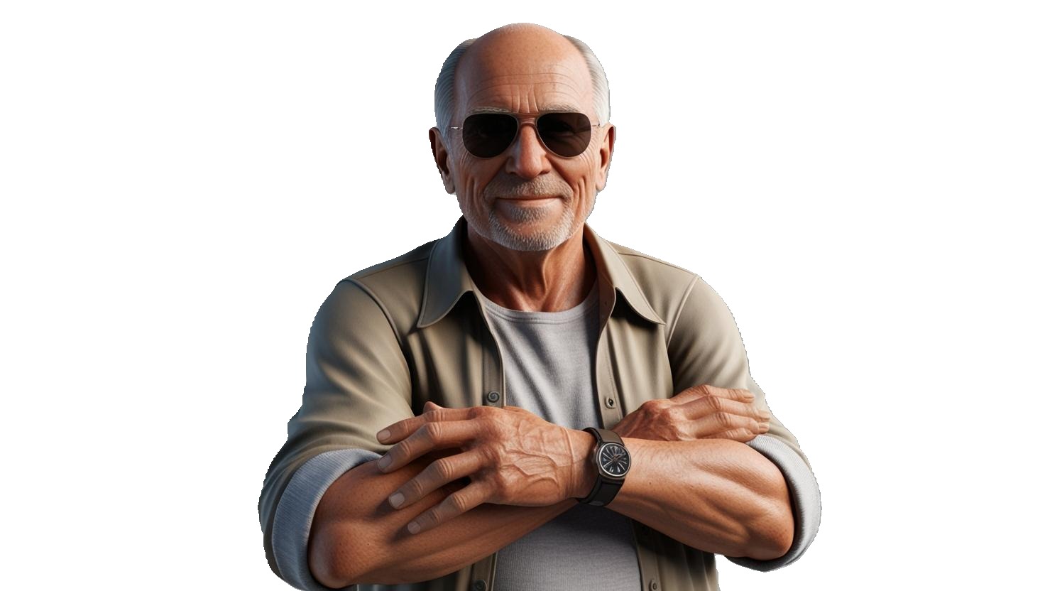 create an avatar full body of a 75 years old man white midsize retired short grey hair balding man with short beard and sun glasses